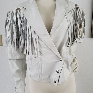 Vintage Retro White Fringe Leather Jacket Sz Sm